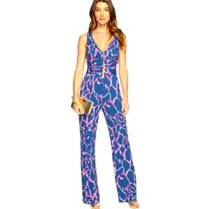 Lilly Pulitzer Blue Pink Abstract Print Ruched V-Neck Wide Leg Jumpsuit XS